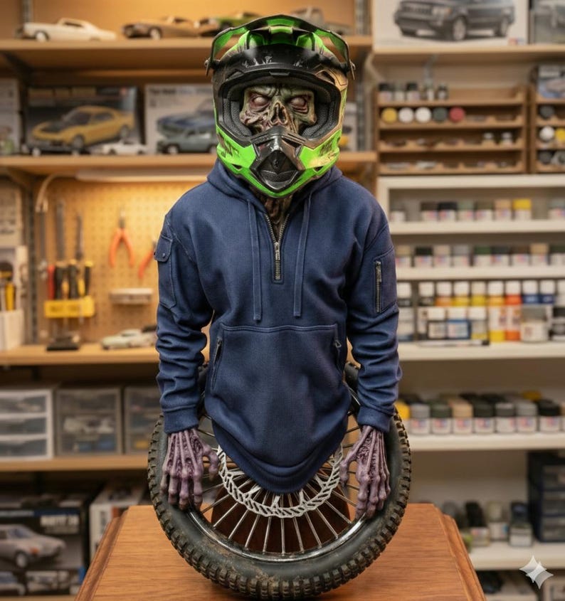May include: A Halloween-themed display featuring a figure with a skull mask wearing a navy blue hooded sweatshirt and a green and black motocross helmet. The figure is holding a motorcycle wheel with a tire and a silver disc brake.