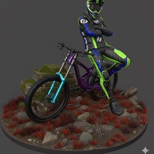 May include: A mountain bike with a purple frame, teal front suspension, and black tires. The rider is wearing a black, blue, and green racing suit and helmet. The bike is on a small, rocky terrain with red and green vegetation.