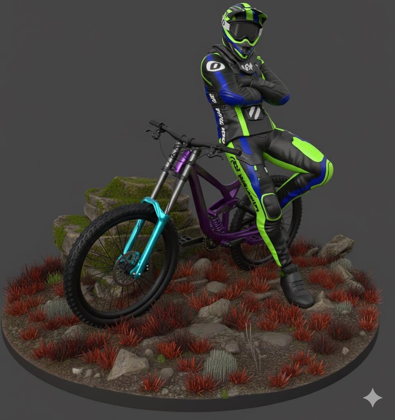 May include: A mountain bike with a purple frame, teal front suspension, and black tires. The rider is wearing a black, blue, and green racing suit and helmet. The bike is on a small, rocky terrain with red and green vegetation.