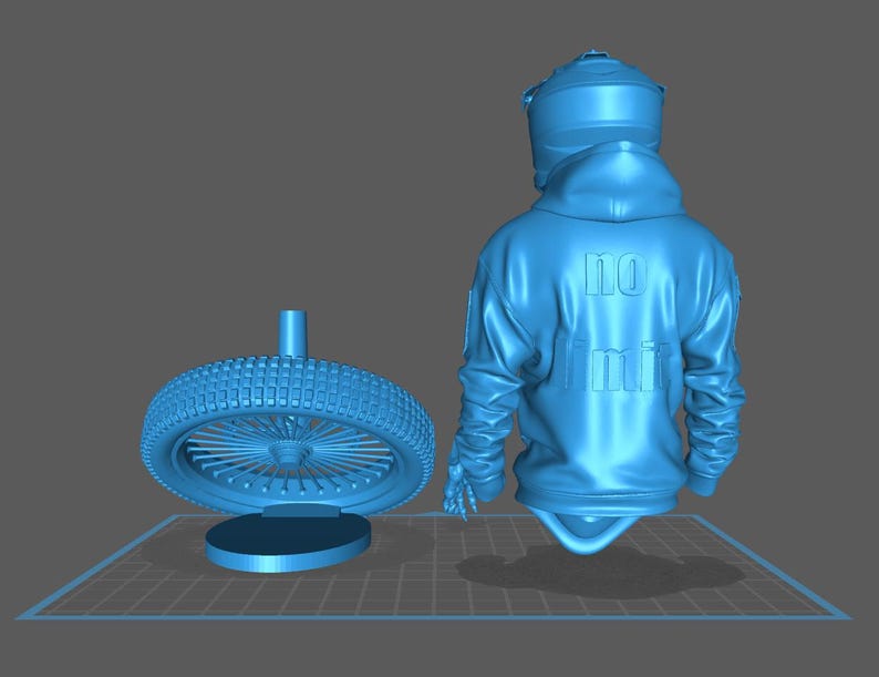 May include: A light blue 3D rendering of a motorcycle wheel and a figure wearing a hoodie. The wheel has a tire with a detailed tread pattern and a central hub. The hoodie has the text "NO LIMIT" on the back.