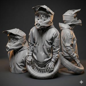 May include: Three gray sculptures of figures wearing motocross helmets and hoodies. One figure is holding a motorcycle tire. The sculptures have a skeletal appearance, with visible skull faces. The figures are posed in different positions.