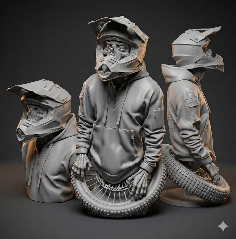 May include: Three gray sculptures of figures wearing motocross helmets and hoodies. One figure is holding a motorcycle tire. The sculptures have a skeletal appearance, with visible skull faces. The figures are posed in different positions.