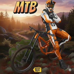 May include: An orange and black mountain bike with a rider in matching gear, helmet, and goggles. The image features the text "MTB" in a stylized font, set against a backdrop of a mountain trail and forest.