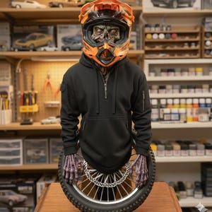 May include: A Halloween-themed bust featuring a zombie head wearing an orange and black motocross helmet and a black hoodie. The bust is holding a motorcycle wheel with a silver brake disc.