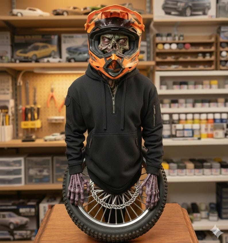 May include: A Halloween-themed bust featuring a zombie head wearing an orange and black motocross helmet and a black hoodie. The bust is holding a motorcycle wheel with a silver brake disc.