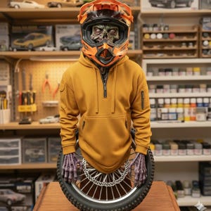 May include: A figure wearing an orange motorcycle helmet and a mustard yellow hoodie, holding a motorcycle wheel. The figure has a skeletal face. The background shows a workshop with model cars and tools.