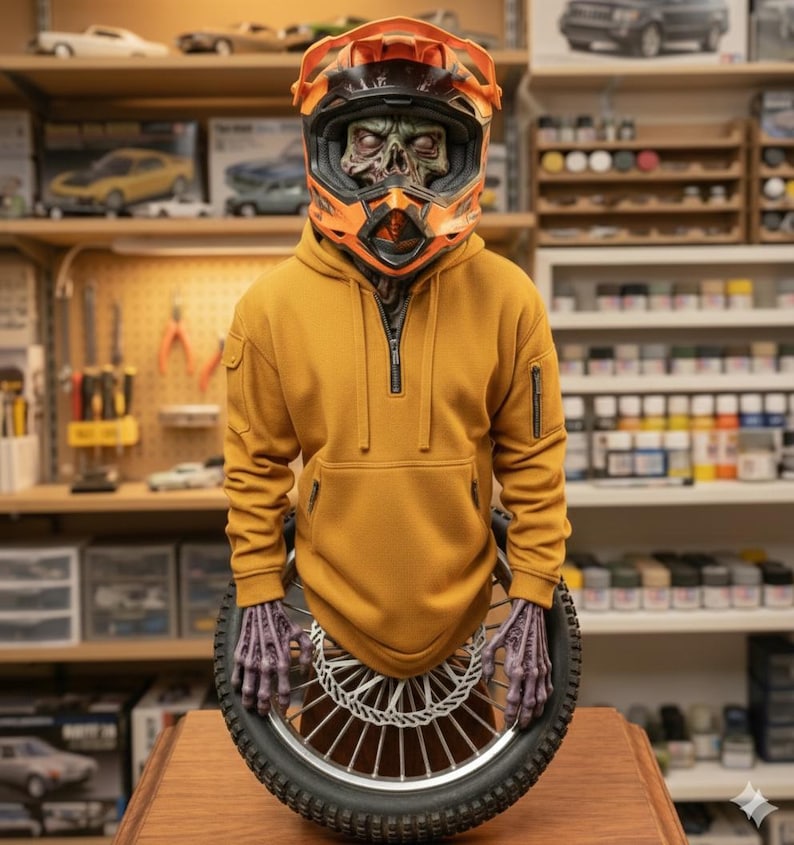 May include: A figure wearing an orange motorcycle helmet and a mustard yellow hoodie, holding a motorcycle wheel. The figure has a skeletal face. The background shows a workshop with model cars and tools.