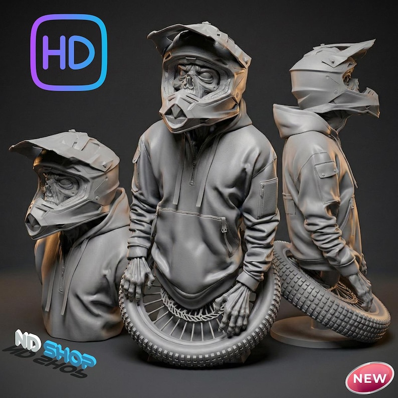 May include: Three gray sculptures of figures wearing motocross helmets and hoodies. One figure is posed with its hands resting on a motorcycle wheel. The sculptures have a skull-like appearance. The image includes the text "HD" and "ND SHOP".