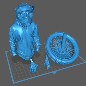 May include: A light blue 3D-printed model of a motocross helmet, hoodie, skeleton hands, and a motorcycle wheel. The helmet has a detailed design, and the hoodie has a zipper. The wheel has spokes and a tire.