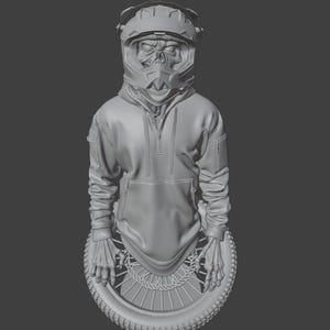 May include: A gray sculpture of a figure wearing a motocross helmet with a skull face, a hooded sweatshirt, and a motorcycle wheel base. The figure's hands rest on the wheel. The sculpture is set against a gray background.