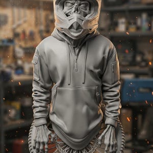 May include: A gray sculpture of a figure wearing a motocross helmet and a hooded sweatshirt. The figure's face is a skull, and it is positioned above a motorcycle wheel. The background is a workshop.