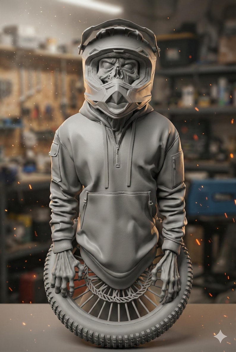 May include: A gray sculpture of a figure wearing a motocross helmet and a hooded sweatshirt. The figure's face is a skull, and it is positioned above a motorcycle wheel. The background is a workshop.