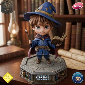 Puede incluir: Figura detallada de un joven mago con túnica y sombrero azules, sosteniendo una varita y un libro. La figura está sobre una base decorativa con la palabra "CHIBI" y el texto "HIGH QUALITY". El fondo incluye una estantería y pergaminos.