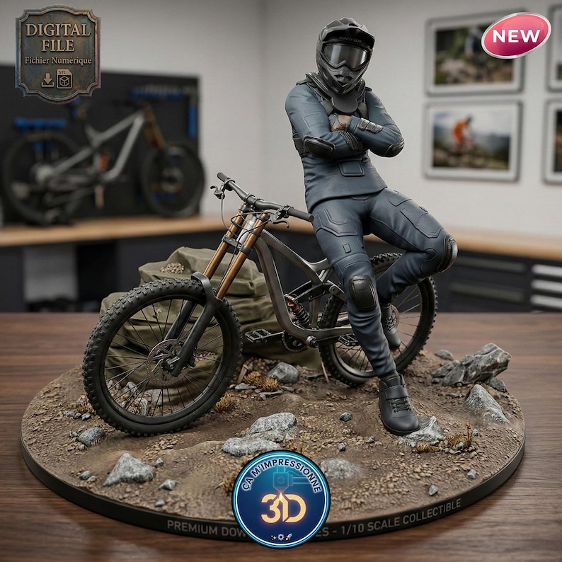 STL File: Rider Figurine - Downhill & DH Mountain Bike - High-Precision 3D Model for Resin Printing - Cycling Diorama with Base image 1