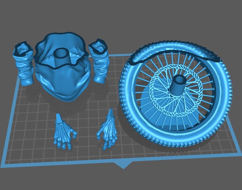 May include: A blue 3D-printed model of a motorcycle wheel, a helmet, and skeletal hands. The wheel has a detailed spoke design and a tire tread. The helmet has a neck covering and the skeletal hands are in a grasping position.