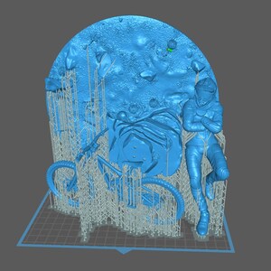 May include: A blue 3D-printed sculpture featuring a person in a spacesuit leaning against a motorcycle, with a textured backdrop resembling a moon surface. The sculpture is supported by a grid-like base and support structures.