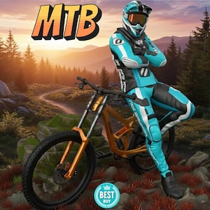 May include: A mountain bike with an orange frame and black tires is positioned in front of a person wearing a teal and black racing suit and helmet. The image includes the text "MTB" in an orange and yellow font, and a "Best Buy" badge.