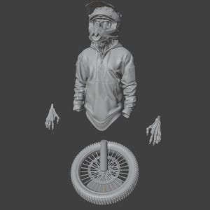 May include: A 3D-rendered image of a motocross rider with a skull-shaped face, wearing a helmet and hoodie. The image includes a motorcycle wheel and two skeletal hands, all in a monochromatic gray color.