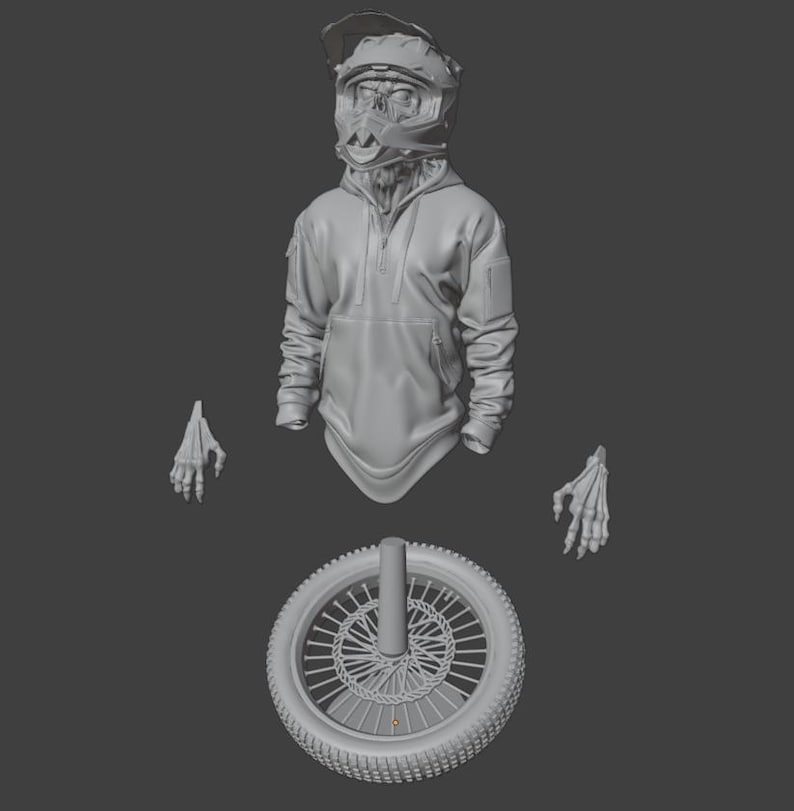 May include: A 3D-rendered image of a motocross rider with a skull-shaped face, wearing a helmet and hoodie. The image includes a motorcycle wheel and two skeletal hands, all in a monochromatic gray color.