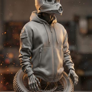 May include: A gray sculpture of a skeleton wearing a motorcycle helmet and hoodie, mounted on a motorcycle wheel. The sculpture has a detailed design, with visible ribs and skeletal hands. The background is blurred, with a warm, neutral tone.