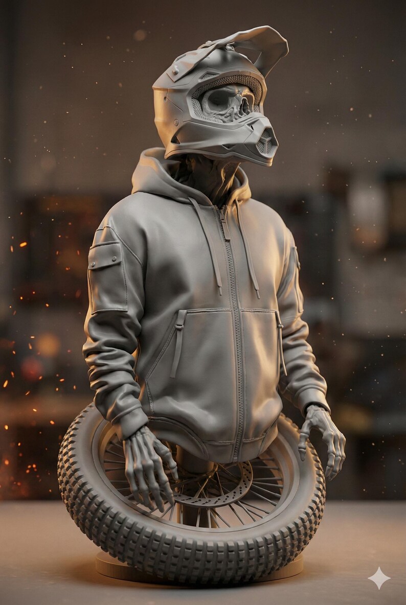 May include: A gray sculpture of a skeleton wearing a motorcycle helmet and hoodie, mounted on a motorcycle wheel. The sculpture has a detailed design, with visible ribs and skeletal hands. The background is blurred, with a warm, neutral tone.