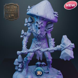 STL File 3D Mushroom Monster Figurine | Fantasy Forest Creature with Hammer | Miniature for RPGs, D&D, Painting