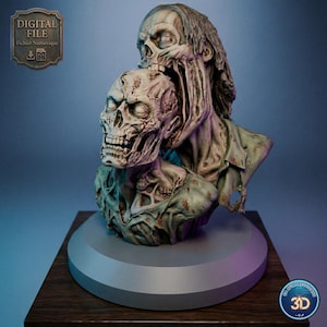 Peut inclure: Buste de zombie imprimé en 3D, représentant deux figures de morts-vivants dans une étreinte macabre. La sculpture présente des os exposés, de la chair en décomposition et une palette de couleurs gris-vert vieilli. Le buste est monté sur une base en bois.