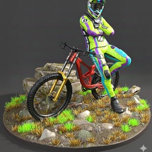 May include: A figure in a neon green, purple, and blue racing suit and helmet leans against a red and gold mountain bike. The bike has black tires and is set on a small, grassy, rocky terrain base.