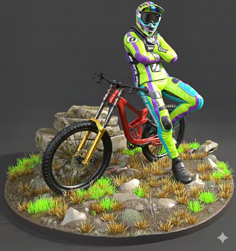 May include: A figure in a neon green, purple, and blue racing suit and helmet leans against a red and gold mountain bike. The bike has black tires and is set on a small, grassy, rocky terrain base.