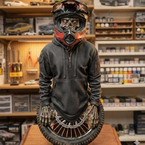 May include: A detailed sculpture of a figure wearing a black and red motocross helmet and a dark gray hoodie. The figure's hands hold a motorcycle wheel. The figure has a zombie-like appearance. The background shows shelves with model cars and tools.