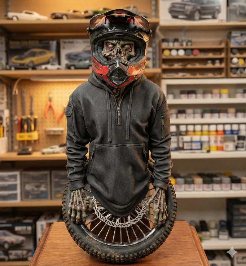 May include: A detailed sculpture of a figure wearing a black and red motocross helmet and a dark gray hoodie. The figure's hands hold a motorcycle wheel. The figure has a zombie-like appearance. The background shows shelves with model cars and tools.