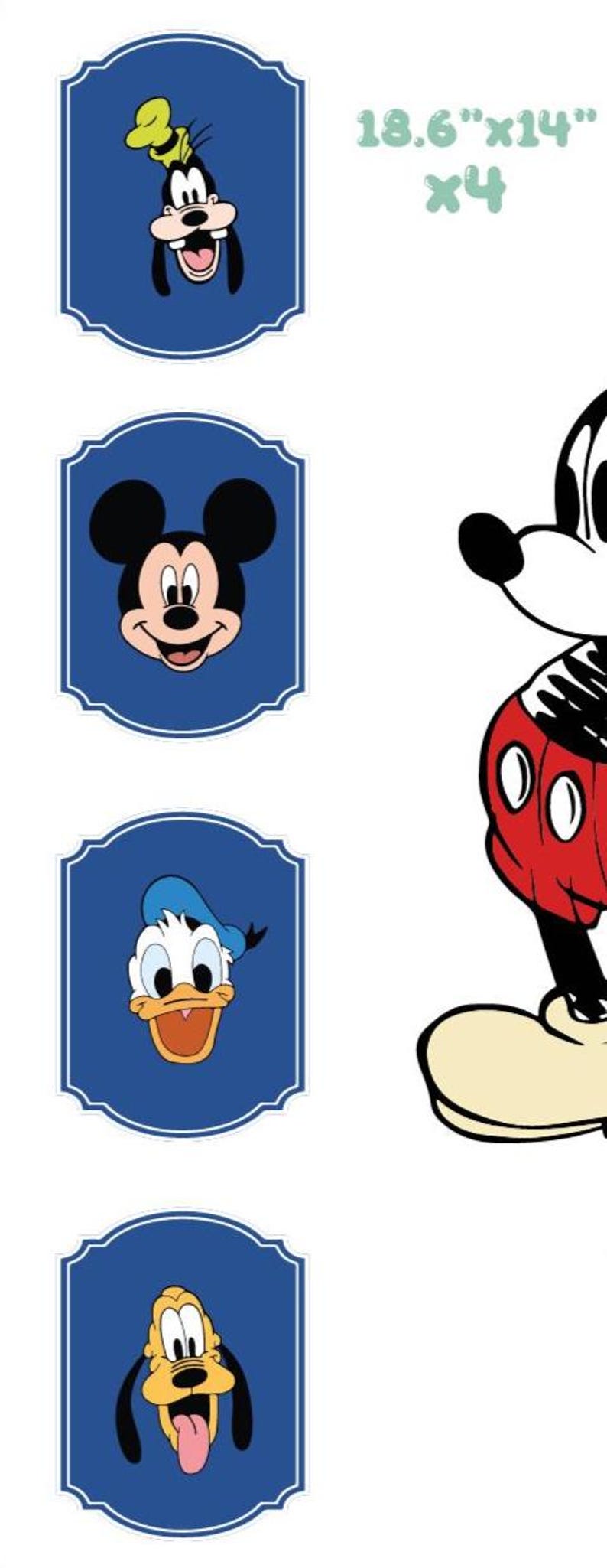 May include: Four blue framed images featuring Disney characters: Goofy, Mickey Mouse, Donald Duck, and Pluto. The text "18.6" x 14" x4" is in the upper right corner.