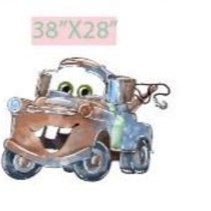 May include: Watercolor illustration of Tow Mater from the movie Cars. The image shows the character's brown and blue body, with a smiling face and green eyes. The dimensions are 38" x 28".