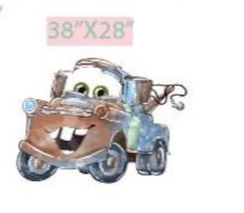 May include: Watercolor illustration of Tow Mater from the movie Cars. The image shows the character's brown and blue body, with a smiling face and green eyes. The dimensions are 38" x 28".