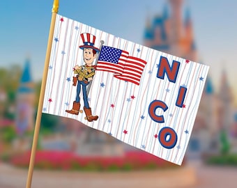 Patriotic Woody Stroller Flag | Personalized Toy Story Inspired Disney Vacation Flag | USA Theme Park Stroller Decoration