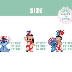 Op de afbeelding: Afbeelding met Stitch en Lilo in patriottische kleding. Stitch is blauw, draagt een hoed en stropdas. Lilo draagt een rode jurk. Maten worden weergegeven in centimeters: 53x61, 81x91, 94x107, 43x76, 58x107, 66x119, 43x61, 69x91, en 89x119.