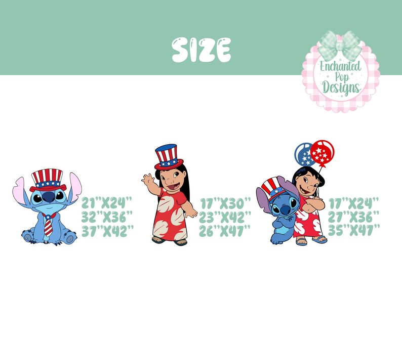 Op de afbeelding: Afbeelding met Stitch en Lilo in patriottische kleding. Stitch is blauw, draagt een hoed en stropdas. Lilo draagt een rode jurk. Maten worden weergegeven in centimeters: 53x61, 81x91, 94x107, 43x76, 58x107, 66x119, 43x61, 69x91, en 89x119.