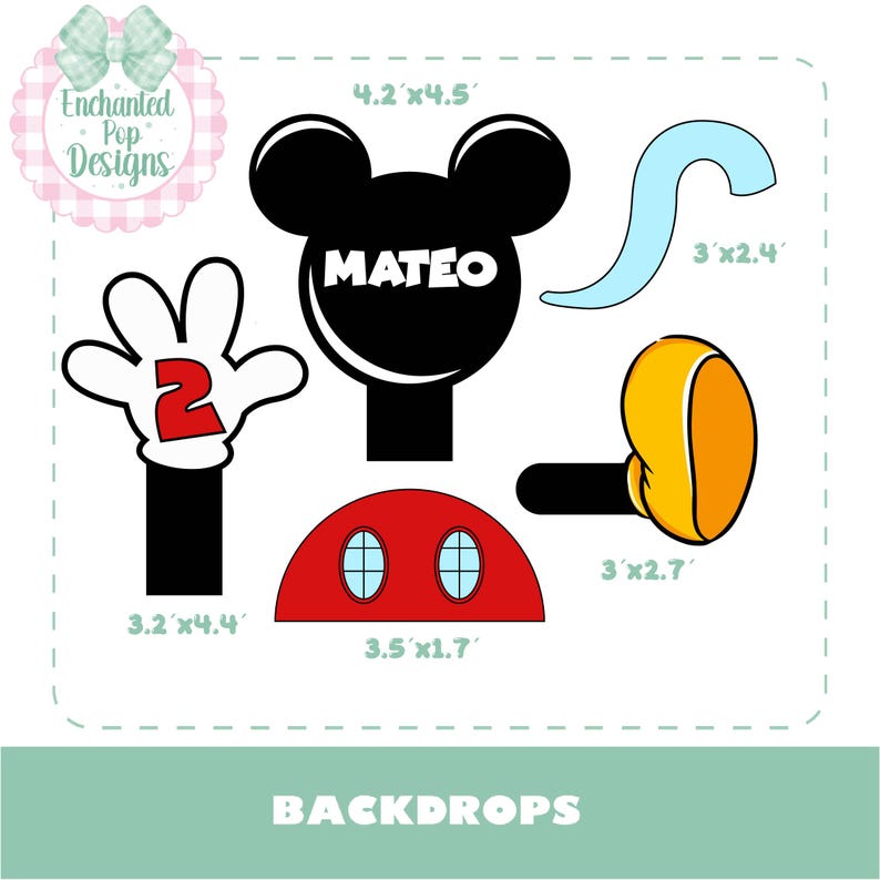 Op de afbeelding: Een set cartoon-stijl figuuruitsparingen inclusief een zwarte muizenkop met de naam MATEO, een witte handschoen met een rood cijfer 2, een rode halve cirkel met twee ramen, een gele schoen en een lichtblauwe gebogen vorm met afmetingen in inches.