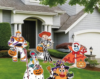 May include: A set of five colorful yard signs featuring cartoon characters dressed in Halloween costumes, including a space ranger, a cowgirl skeleton, a spork vampire, a doll with a pumpkin basket, and a potato witch holding a broom.