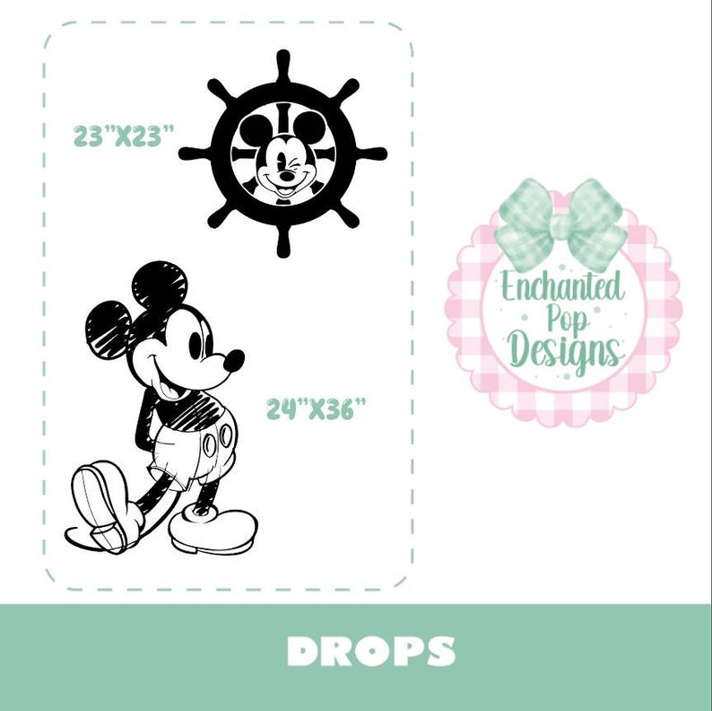 Może przedstawiać: Czarno-białe grafiki liniowe przedstawiające mrugającą mysz Mickey w kole sterowym z oznaczeniem 23"x23" oraz pełną postać myszy Mickey z oznaczeniem 24"x36". Dołączone jest okrągłe logo z jasnozieloną kokardą w kratkę i napisem Enchanted Pop Designs.
