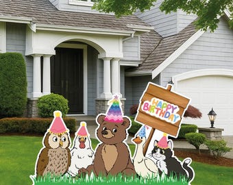 Adorable Bear Personalized Birthday Yard Cutouts, Farm Animal Birthday Yard Signs, Duck, Owl, Hen, Cat