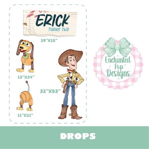 May include: A digital illustration featuring characters from the movie Toy Story. The image includes Woody, Slinky Dog, and a ball-shaped character. The text "ERICK TURNS TWO" is displayed at the top. The image is labeled "DROPS".