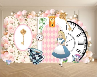 May include: A whimsical Alice in Wonderland-themed backdrop featuring a large clock, a key, and a cartoon illustration of Alice. The backdrop includes pink and gold balloons, floral patterns, and a stack of teacups.