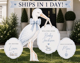 Welcome Home Baby Stork Yard Sign | Personalized Birth Announcement | Big Sibling and Fur Sibling Yard Signs | Luxury Baby Shower Deco