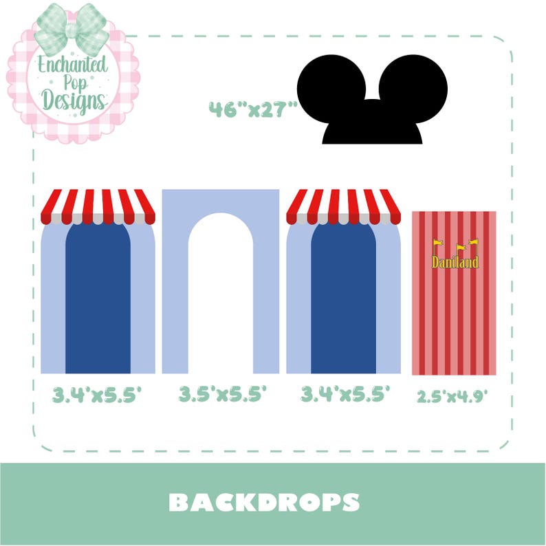 May include: A collection of backdrops with a circus theme. Includes a black Mickey Mouse silhouette, three archway designs with red and white striped awnings, and a red and white striped curtain with "Daniland" text. Dimensions are provided in feet and inches.