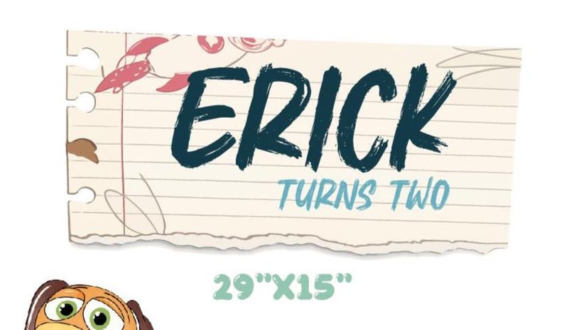 May include: A banner with the name "ERICK" in dark teal brush lettering, with "TURNS TWO" in light blue. The banner is designed to look like a torn piece of paper, with dimensions of 29" x 15".