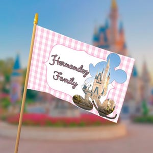 May include: A pink and white checkered flag with a gold pole. The flag features a Mickey Mouse silhouette with a castle image inside. The words "Hernandez Family" are written on the flag.