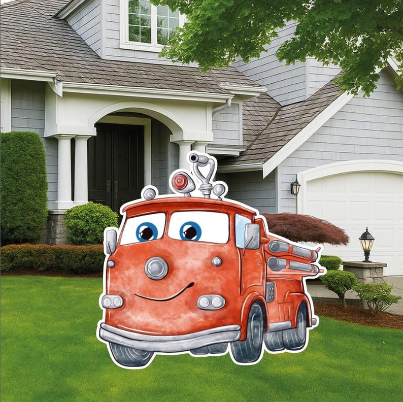 May include: A cartoon-style fire truck yard sign featuring a bright red body, large expressive blue eyes, a smiling mouth, and silver-colored details including a siren, ladder, and wheels, designed as a decorative outdoor lawn ornament.