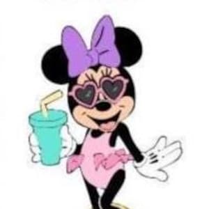 May include: A cartoon character with black ears, a purple bow, and heart-shaped sunglasses, wearing a pink swimsuit and yellow shoes. The character holds a light blue cup with a straw. The text 23"X36" is printed in light blue at the top.