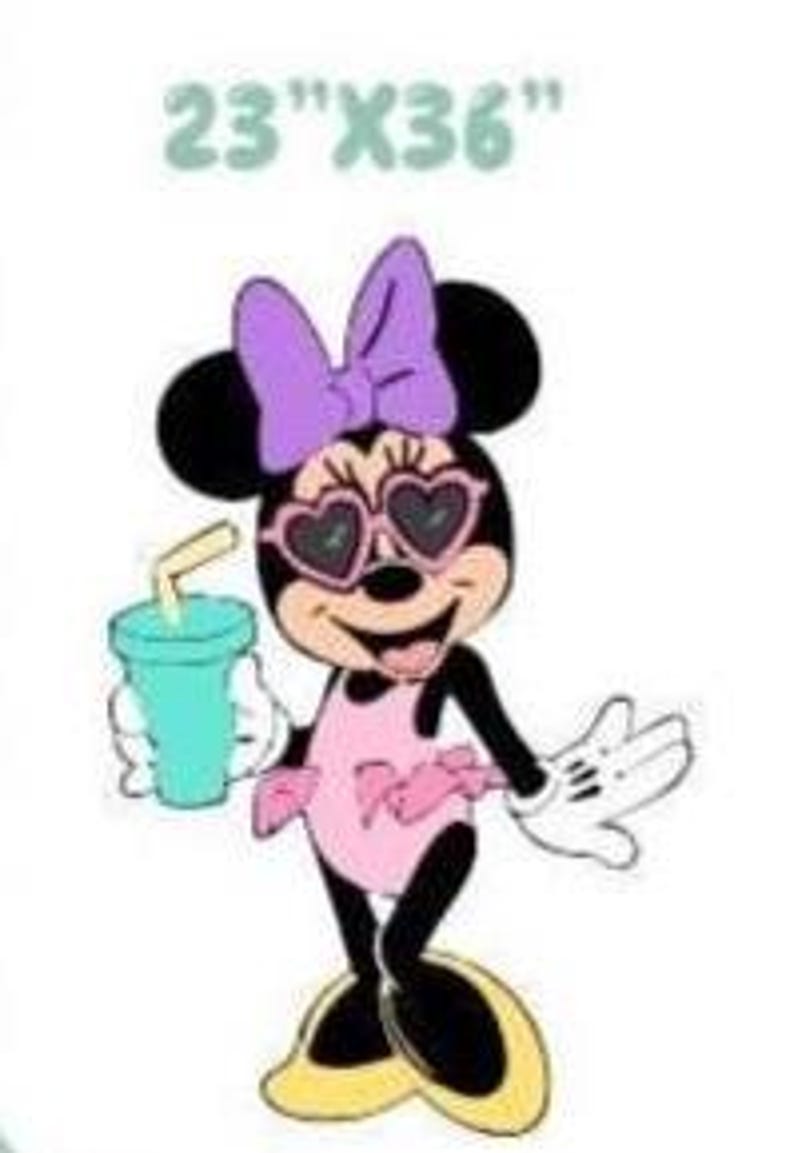 May include: A cartoon character with black ears, a purple bow, and heart-shaped sunglasses, wearing a pink swimsuit and yellow shoes. The character holds a light blue cup with a straw. The text 23"X36" is printed in light blue at the top.